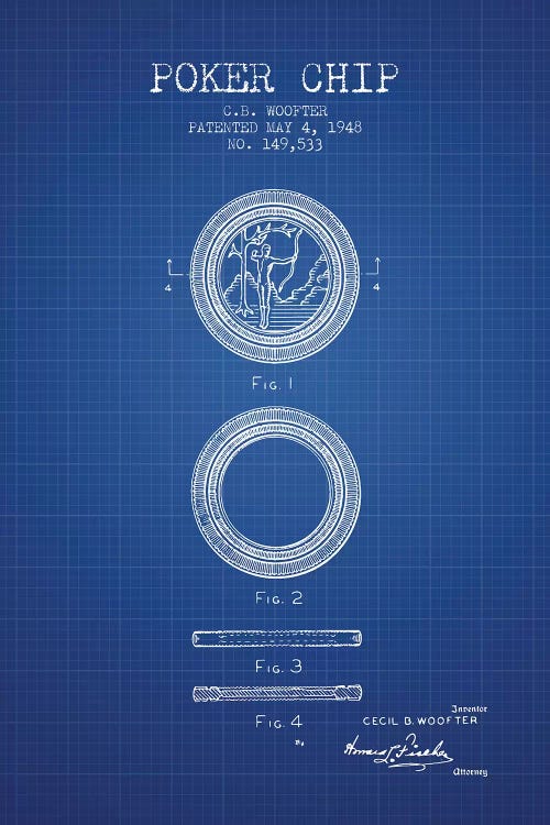 C.B. Woofter Poker Chip Patent Sketch (Blue Grid)