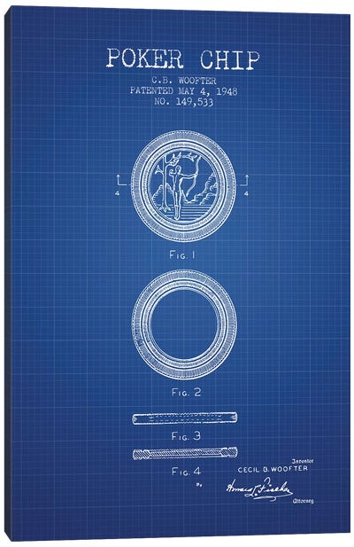 C.B. Woofter Poker Chip Patent Sketch (Blue Grid) Canvas Art Print - Gambling Art