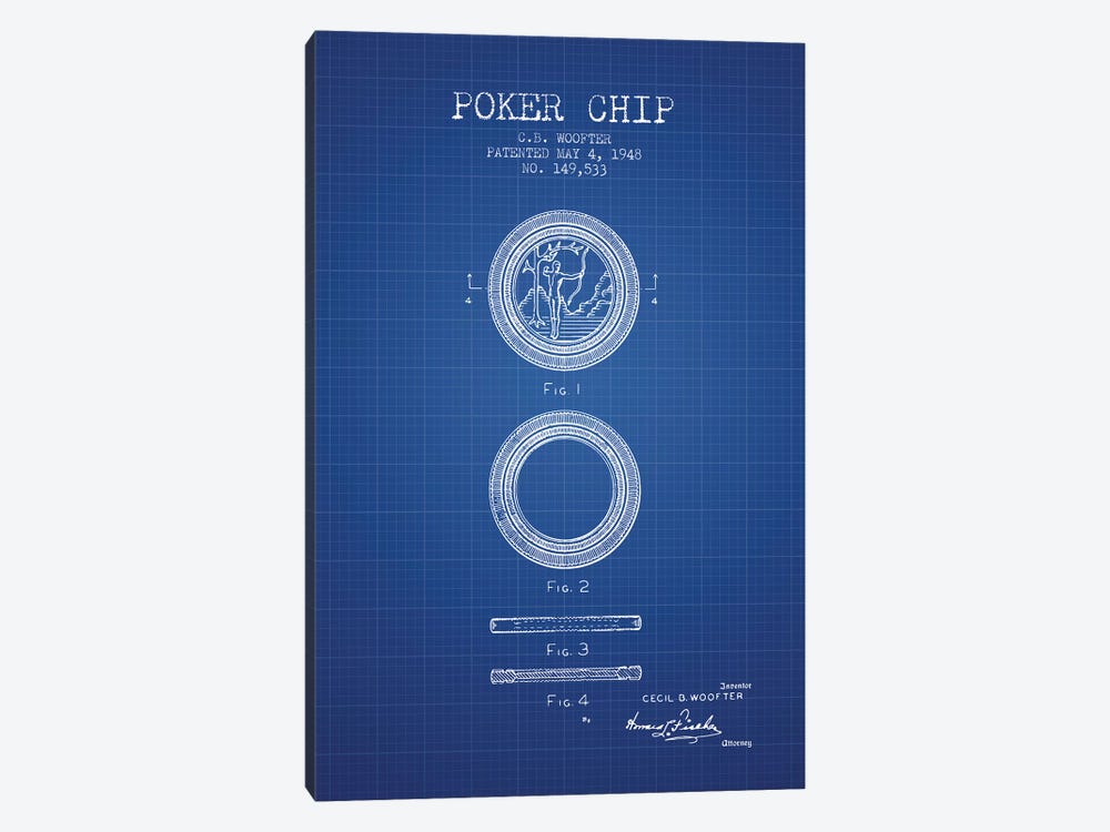 C.B. Woofter Poker Chip Patent Sketch (Blue Grid) by Aged Pixel 1-piece Canvas Artwork