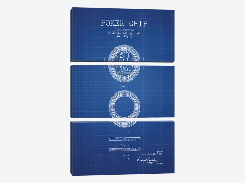C.B. Woofter Poker Chip Patent Sketch (Blue Grid) by Aged Pixel 3-piece Canvas Wall Art