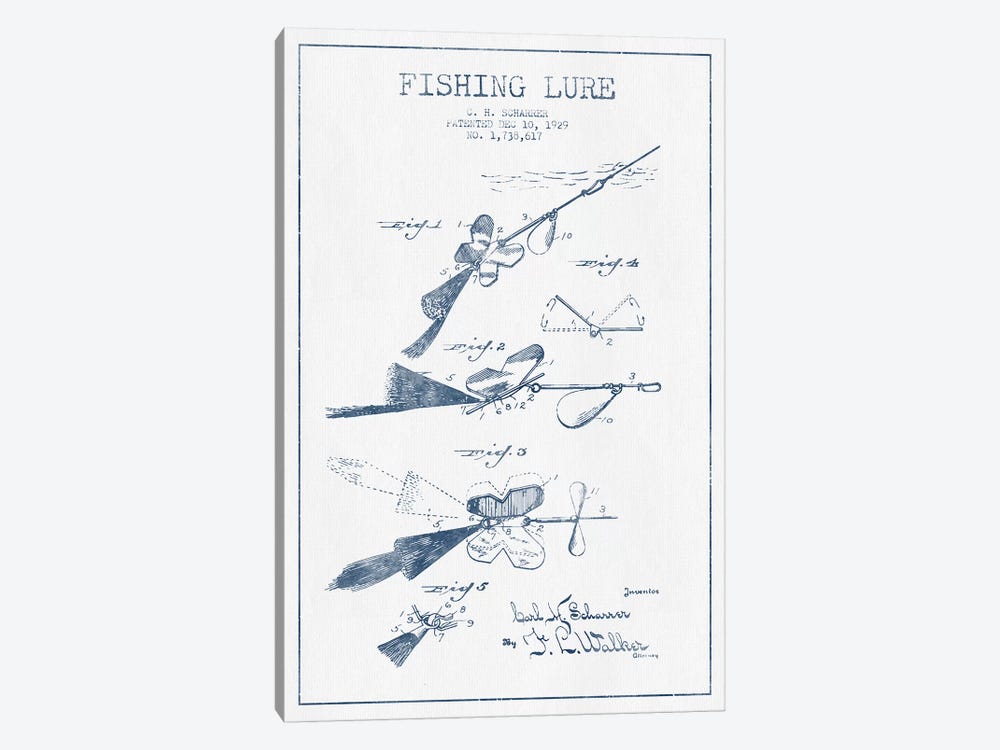 C.H. Scharrer Fishing Tackle Patent Sketch (Ink)  by Aged Pixel 1-piece Canvas Art Print