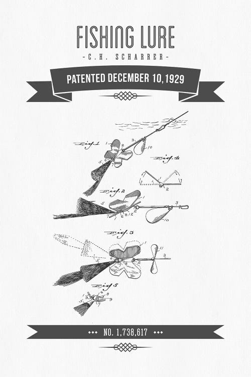 C.H. Scharrer Fishing Tackle Patent Sketch Retro (Charcoal)  by Aged Pixel wall art