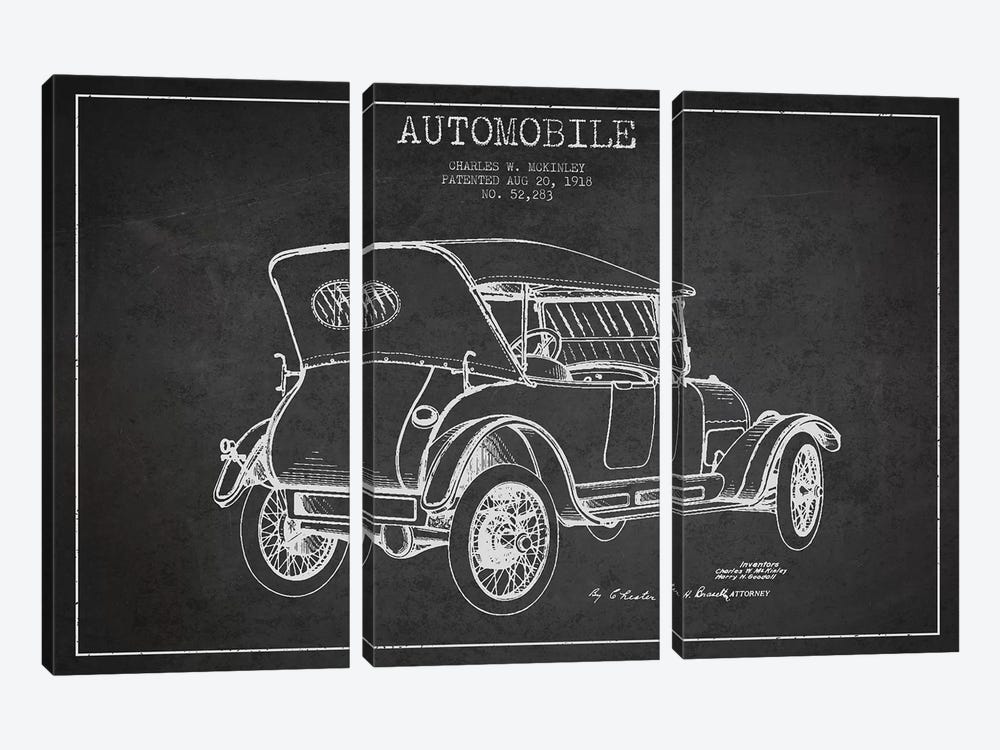 Charles W. McKinley Automobile Patent Sketch (Charcoal) by Aged Pixel 3-piece Canvas Wall Art
