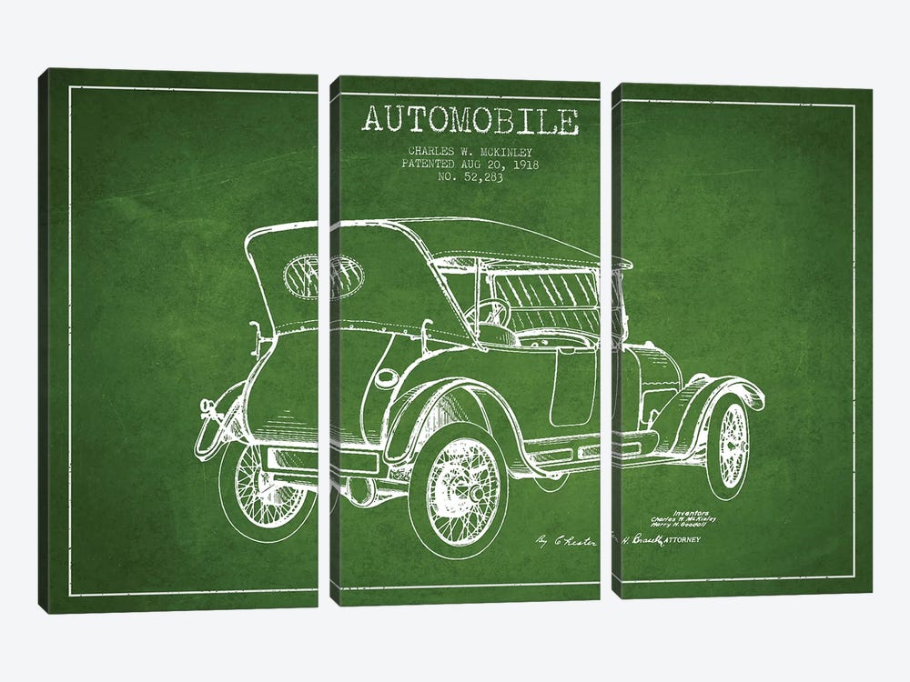 Charles W. McKinley Automobile Patent Sketch (Green) by Aged Pixel 3-piece Canvas Wall Art