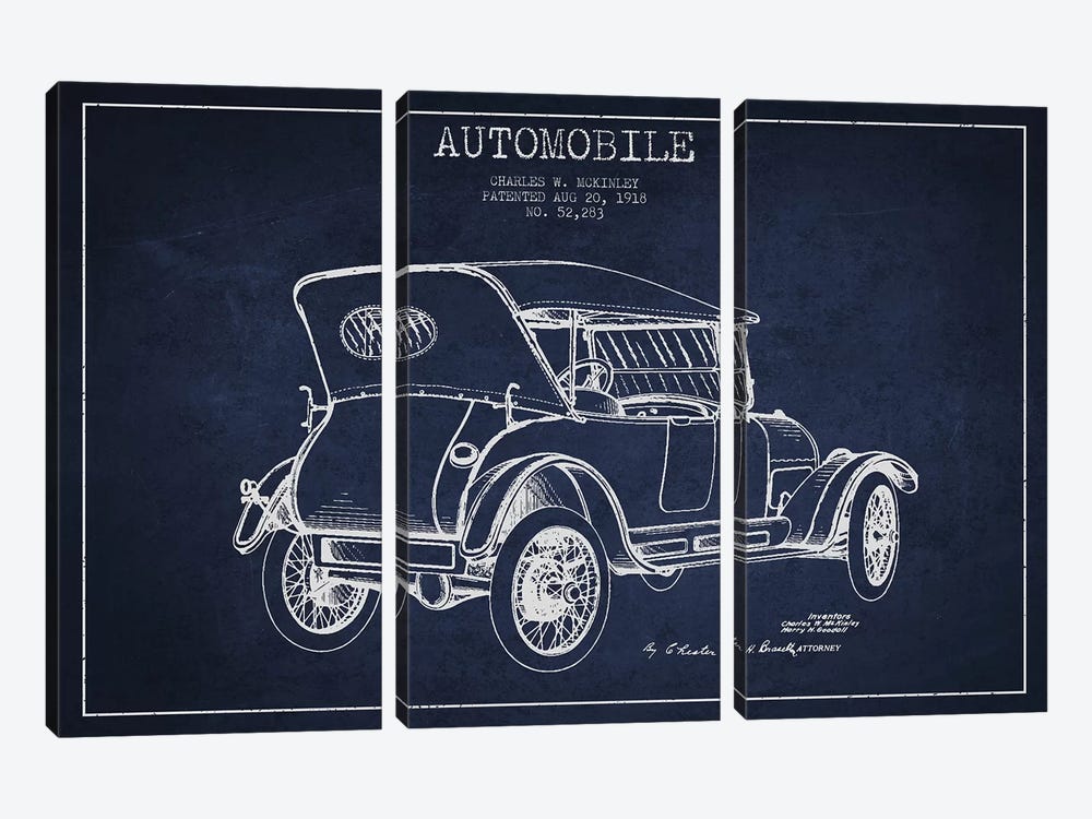 Charles W. McKinley Automobile Patent Sketch (Navy Blue) by Aged Pixel 3-piece Canvas Artwork