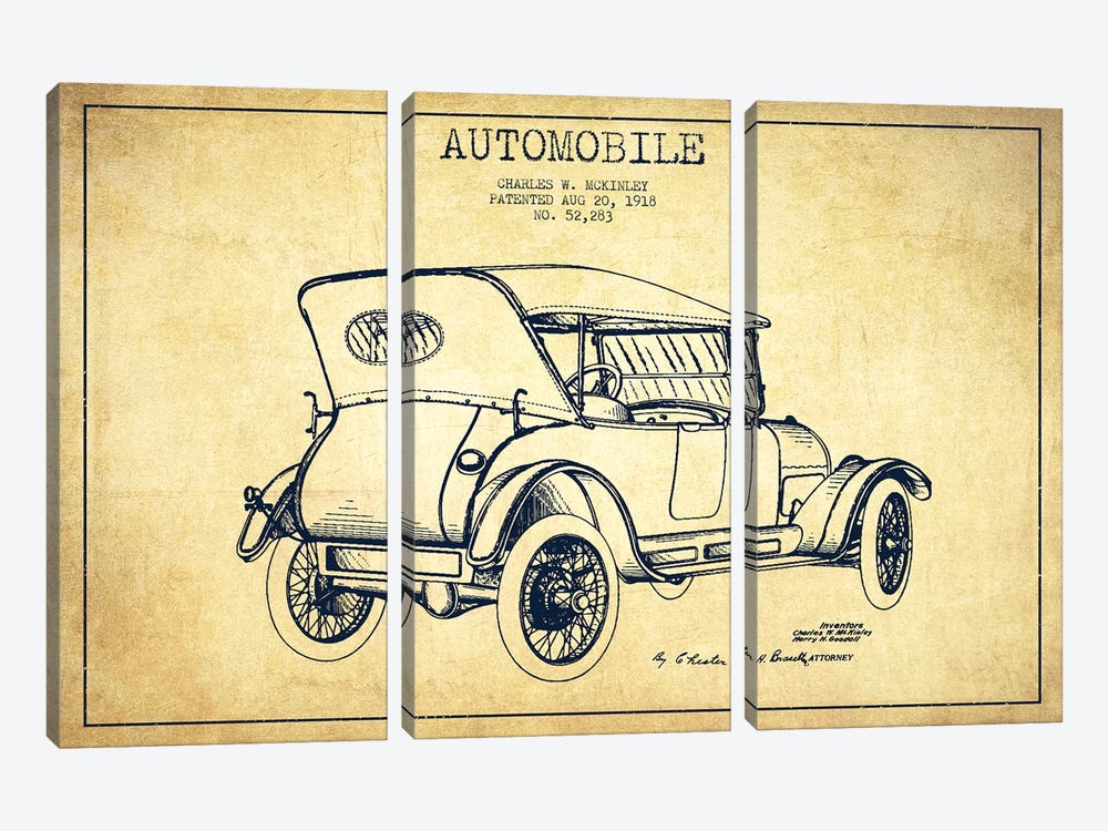 Charles W. McKinley Automobile Patent Sketch (Vintage) by Aged Pixel 3-piece Canvas Art Print