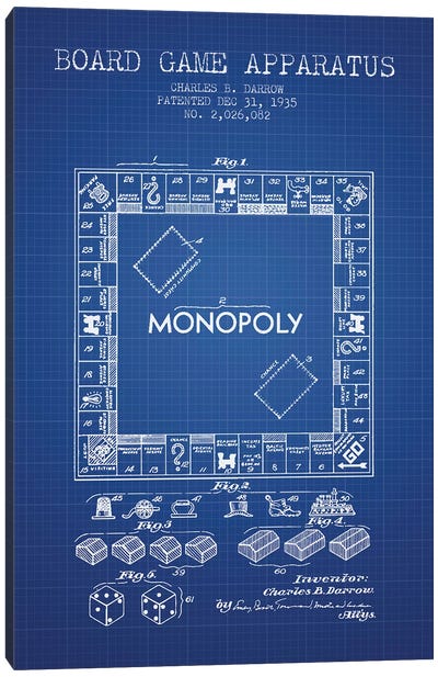 Charles B. Darrow Monopoly Patent Sketch (Blue Grid) Canvas Art Print - Gambling Art