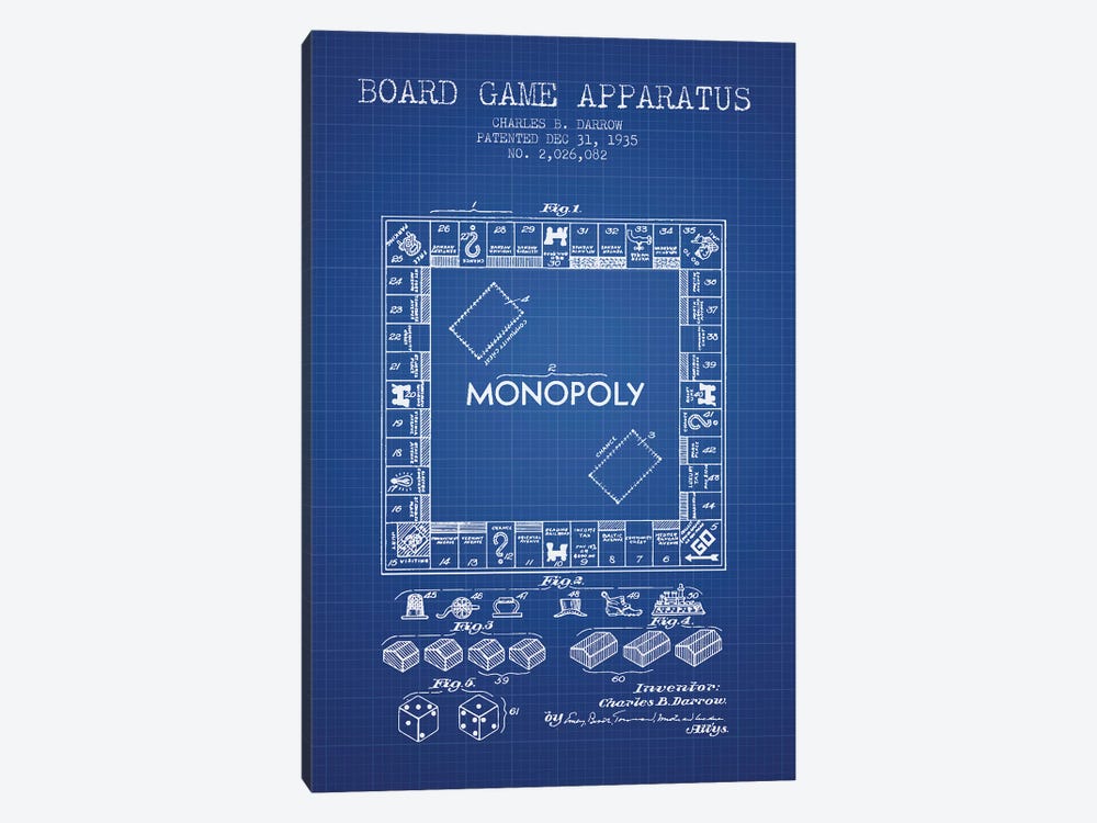 Charles B. Darrow Monopoly Patent Sketch (Blue Grid) by Aged Pixel 1-piece Canvas Art
