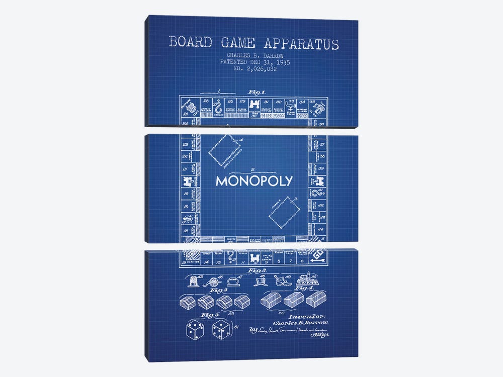 Charles B. Darrow Monopoly Patent Sketch (Blue Grid) by Aged Pixel 3-piece Canvas Artwork