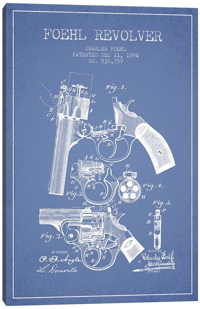 Charles Foehl Foehl Revolver Patent Sketch (Light Blue) Canvas Art Print - Aged Pixel: Weapons