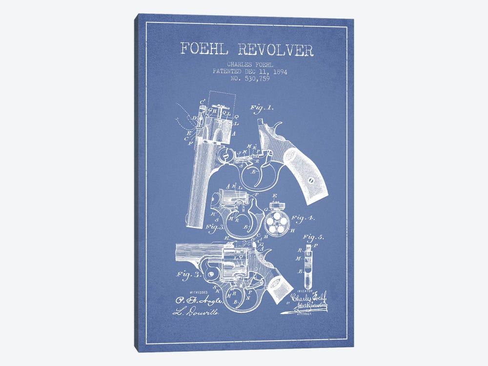 Charles Foehl Foehl Revolver Patent Sketch (Light Blue) by Aged Pixel 1-piece Canvas Print
