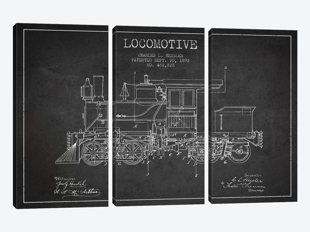 Charles L. Heisler Locomotive Pattern Sketch (Charcoal) by Aged Pixel 3-piece Canvas Wall Art