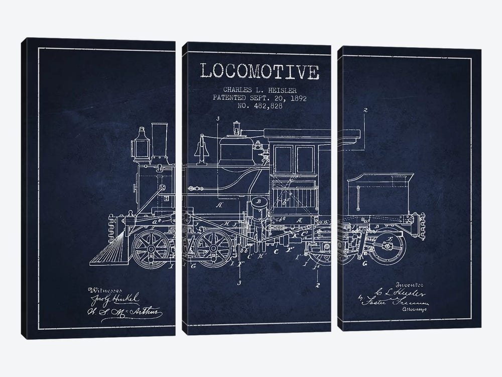 Charles L. Heisler Locomotive Pattern Sketch (Navy Blue) by Aged Pixel 3-piece Art Print