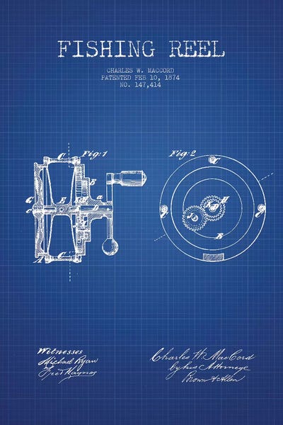 Charles W. MacCord Fishing Reel Patent Sketch (Blue Grid) by Aged Pixel framed canvas print