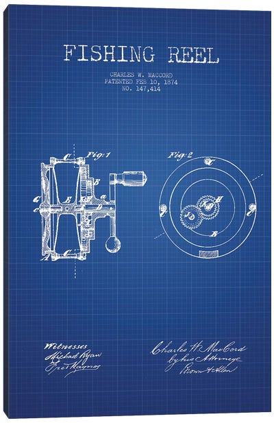 Charles W. MacCord Fishing Reel Patent Sketch (Blue Grid) Canvas Art Print