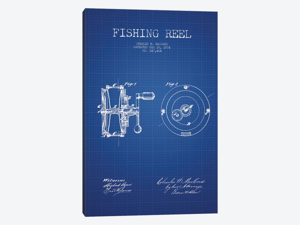 Charles W. MacCord Fishing Reel Patent Sketch (Blue Grid) by Aged Pixel 1-piece Canvas Wall Art