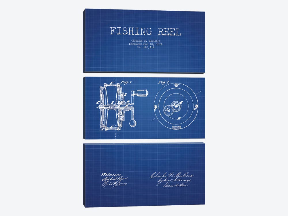 Charles W. MacCord Fishing Reel Patent Sketch (Blue Grid) by Aged Pixel 3-piece Canvas Wall Art