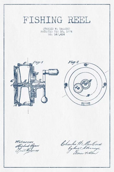 Charles W. MacCord Fishing Reel Patent Sketch (Ink) by Aged Pixel canvas print