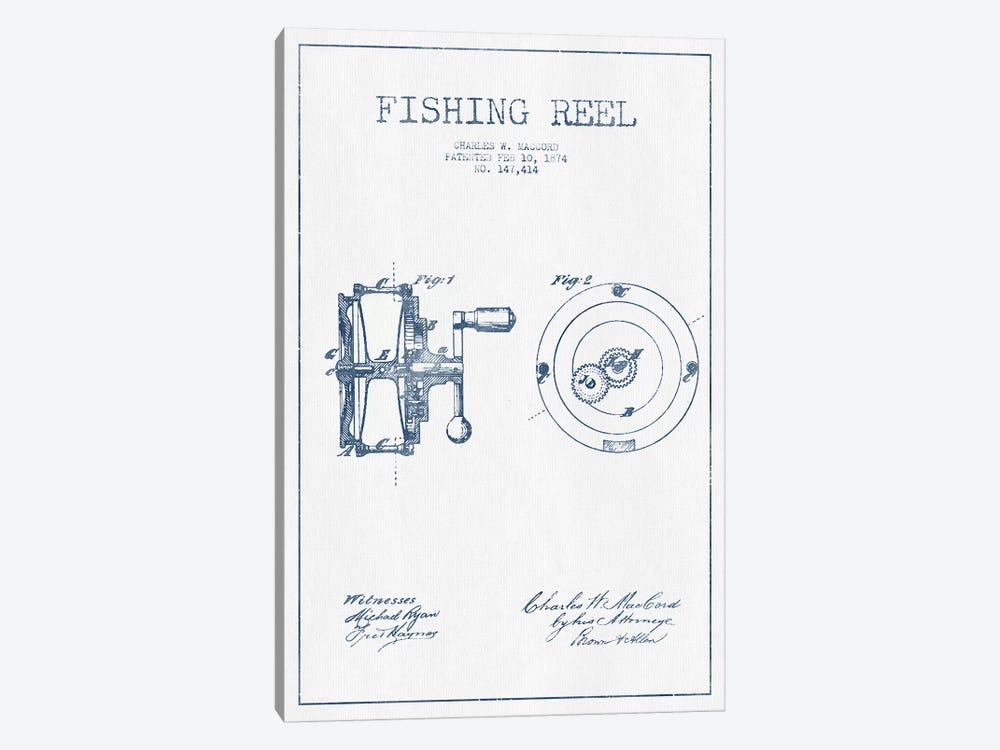 Charles W. MacCord Fishing Reel Patent Sketch (Ink) by Aged Pixel 1-piece Canvas Print