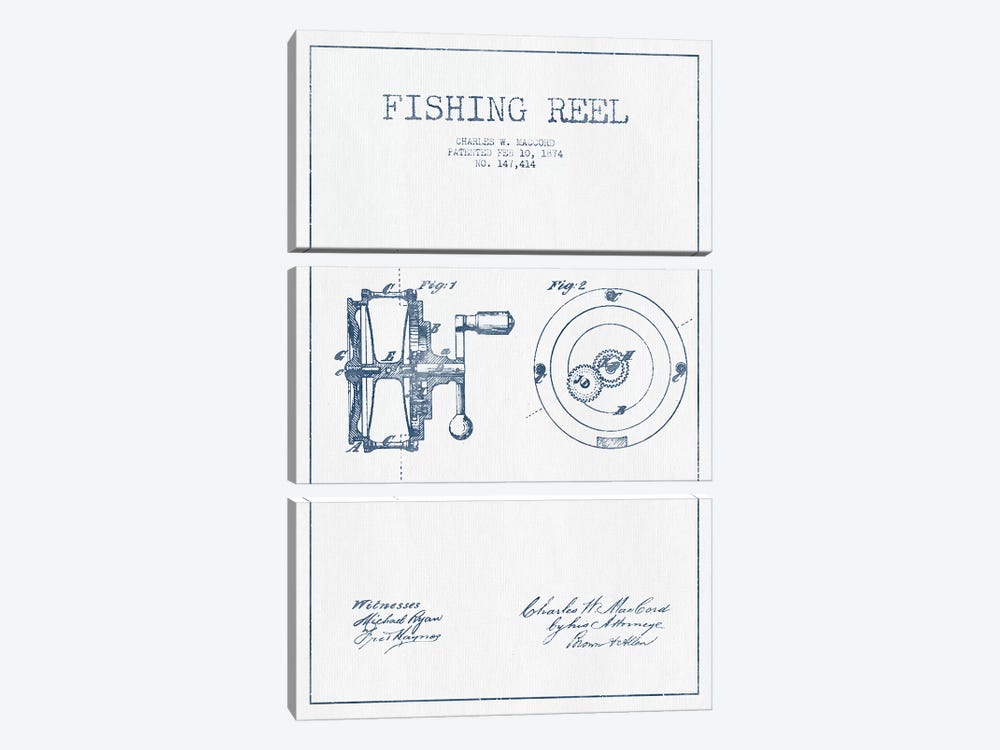 Charles W. MacCord Fishing Reel Patent Sketch (Ink) by Aged Pixel 3-piece Canvas Art Print