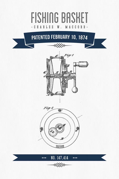 Charles W. MacCord Fishing Reel Patent Sketch Retro (Navy Blue)