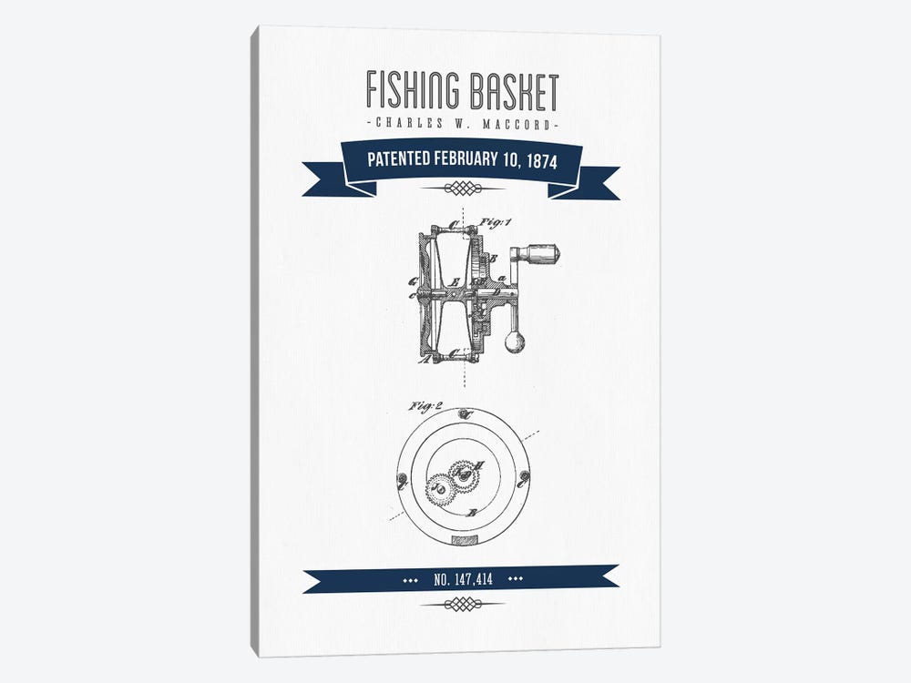 Charles W. MacCord Fishing Reel Patent Sketch Retro (Navy Blue) by Aged Pixel 1-piece Canvas Art