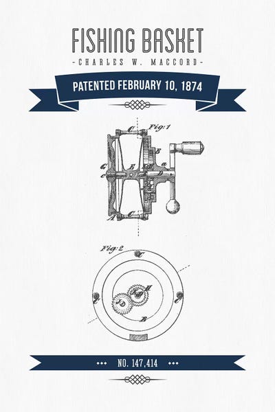 Sports Blueprints: Charles W. MacCord Fishing Reel Patent Sketch Retro (Navy Blue) by Aged Pixel