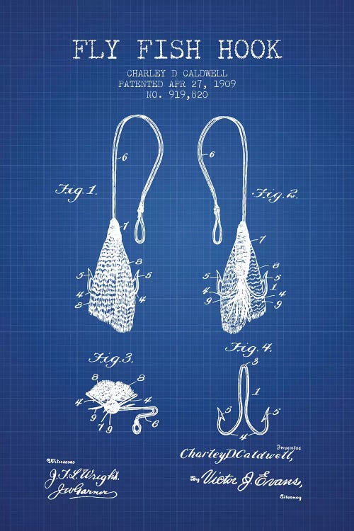 Charley D. Caldwell Fly Fish Hook Patent Sketch (Blue Grid)