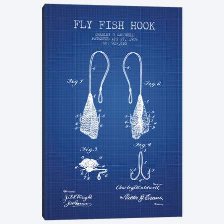 Charley D. Caldwell Fly Fish Hook Patent Sketch (Blue Grid) Canvas Print #ADP2825} by Aged Pixel Canvas Art Print