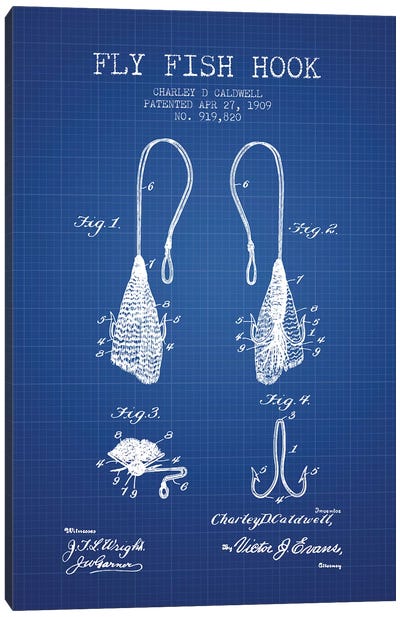Charley D. Caldwell Fly Fish Hook Patent Sketch (Blue Grid) Canvas Art Print