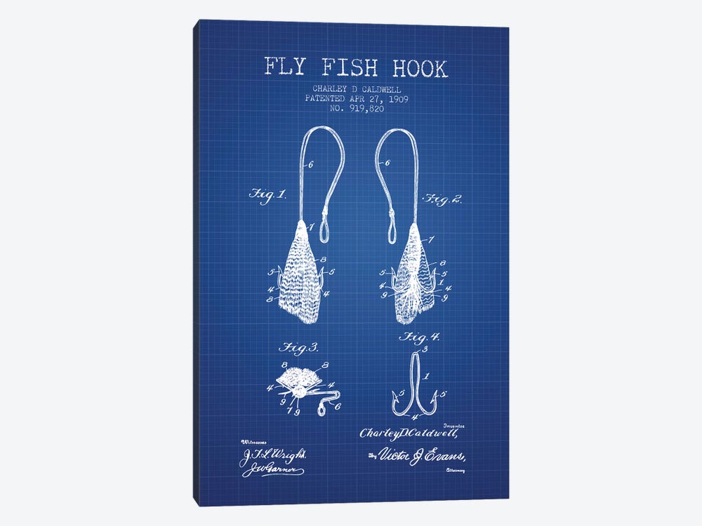 Charley D. Caldwell Fly Fish Hook Patent Sketch (Blue Grid) by Aged Pixel 1-piece Canvas Artwork