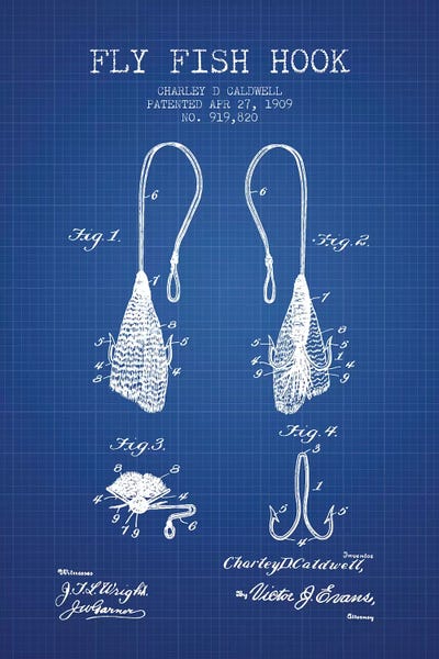 Sports Blueprints: Charley D. Caldwell Fly Fish Hook Patent Sketch (Blue Grid) by Aged Pixel