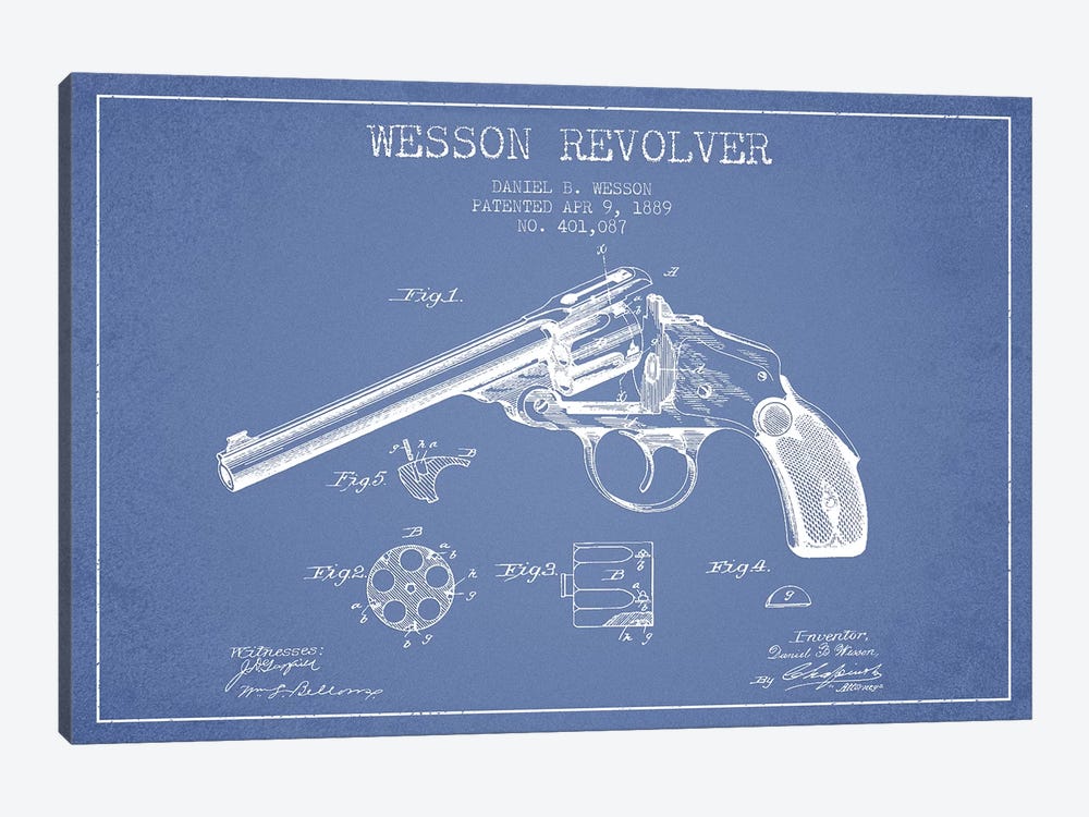 Daniel B. Wesson Revolver Patent Sketch (Light Blue) by Aged Pixel 1-piece Canvas Art Print