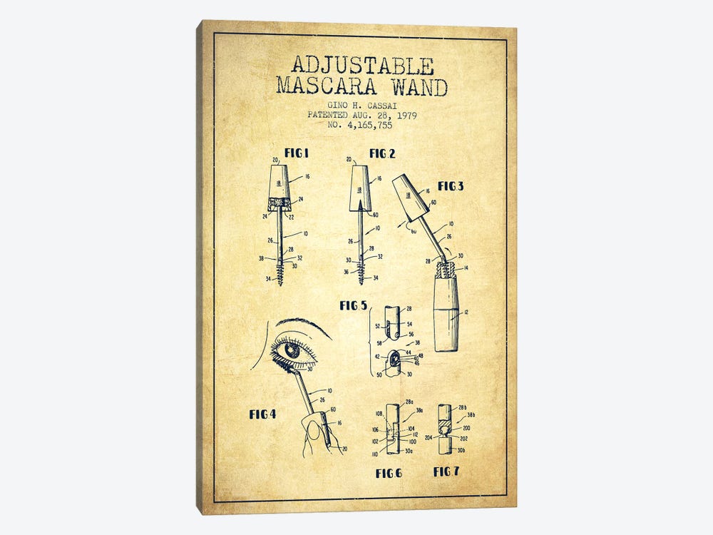 Adjustable Mascara Vintage Patent Blueprint by Aged Pixel 1-piece Canvas Wall Art