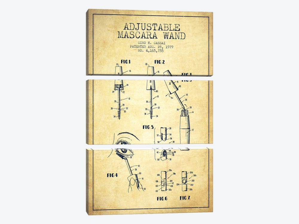 Adjustable Mascara Vintage Patent Blueprint by Aged Pixel 3-piece Canvas Wall Art