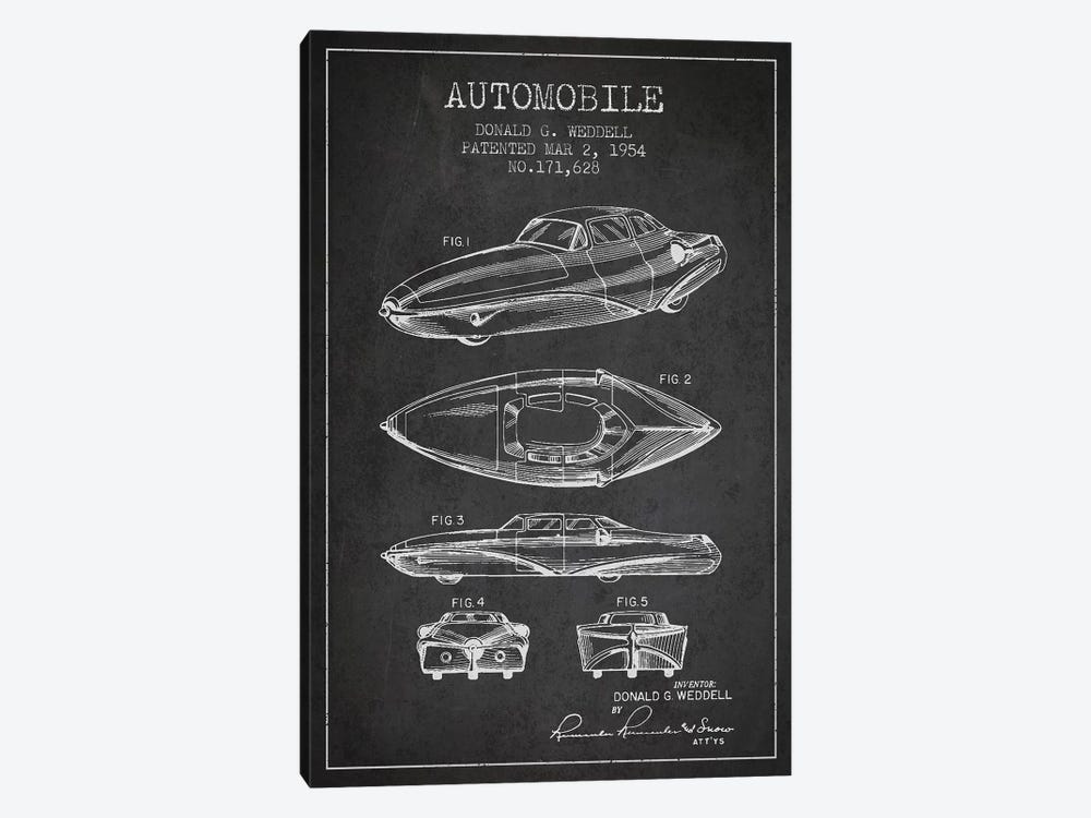 Donald G. Weddell Automobile Patent Sketch (Charcoal) by Aged Pixel 1-piece Canvas Wall Art