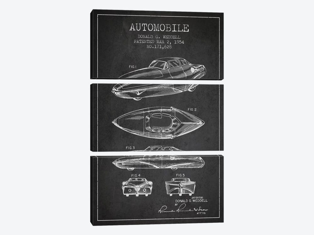 Donald G. Weddell Automobile Patent Sketch (Charcoal) by Aged Pixel 3-piece Canvas Artwork
