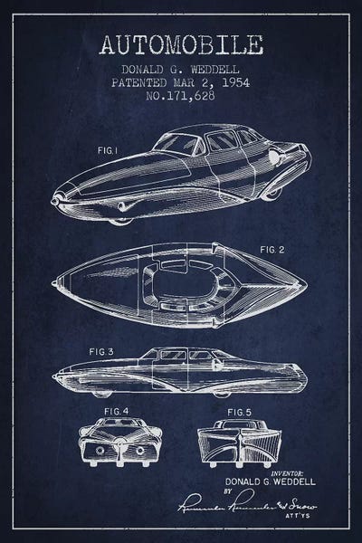 Donald G. Weddell Automobile Patent Sketch (Navy Blue) by Aged Pixel framed canvas print