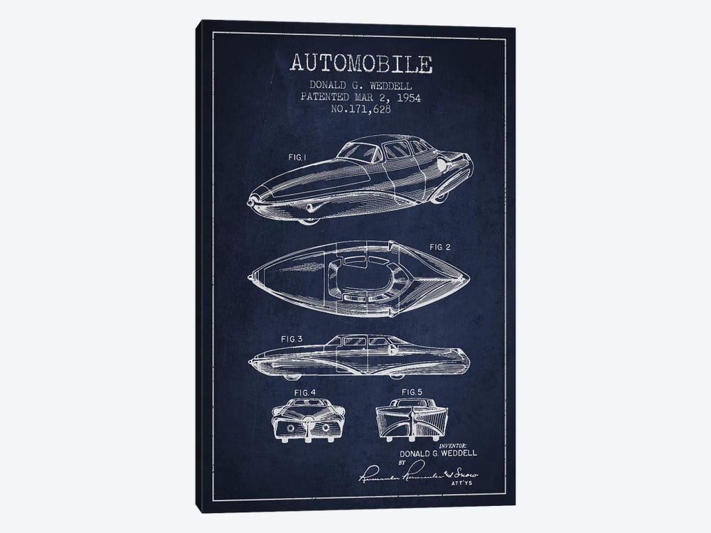 Donald G. Weddell Automobile Patent Sketch (Navy Blue) by Aged Pixel 1-piece Art Print