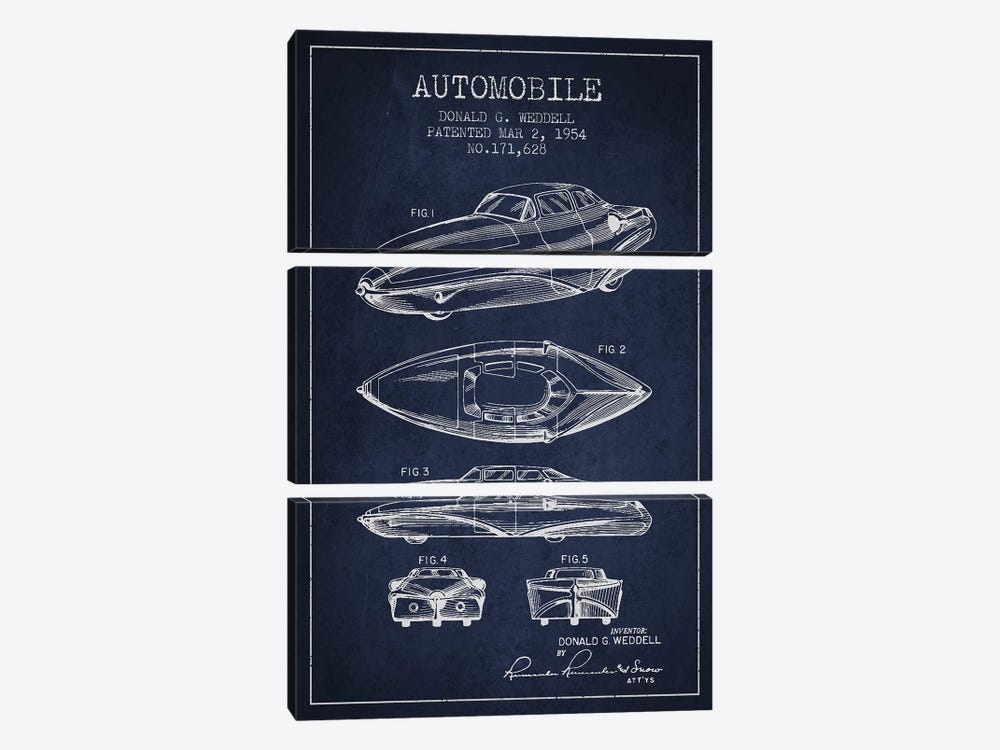 Donald G. Weddell Automobile Patent Sketch (Navy Blue) by Aged Pixel 3-piece Art Print