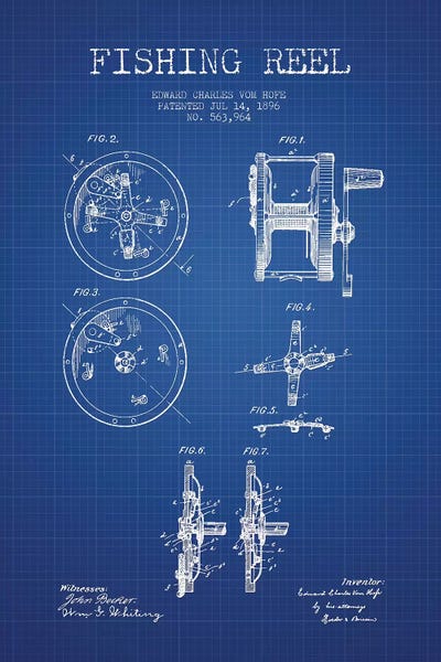 E.C. Vom Hofe Fishing Reel Patent Sketch (Blue Grid) by Aged Pixel framed canvas print