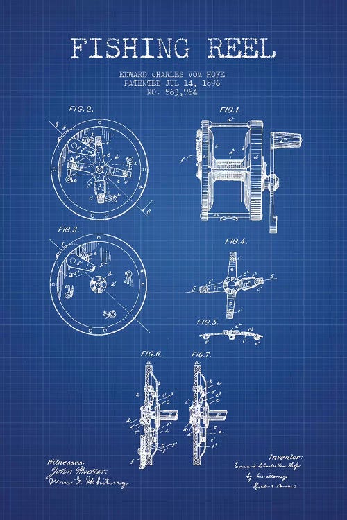 E.C. Vom Hofe Fishing Reel Patent Sketch (Blue Grid)