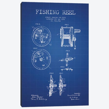 E.C. Vom Hofe Fishing Reel Patent Sketch (Blue Grid) Canvas Print #ADP2832} by Aged Pixel Art Print