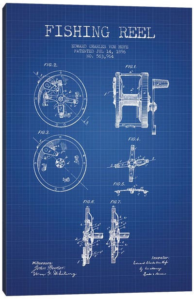 E.C. Vom Hofe Fishing Reel Patent Sketch (Blue Grid) Canvas Art Print