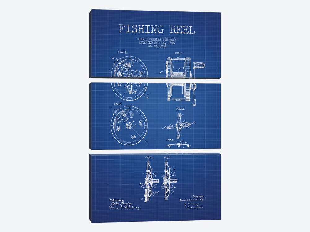 E.C. Vom Hofe Fishing Reel Patent Sketch (Blue Grid) by Aged Pixel 3-piece Canvas Art