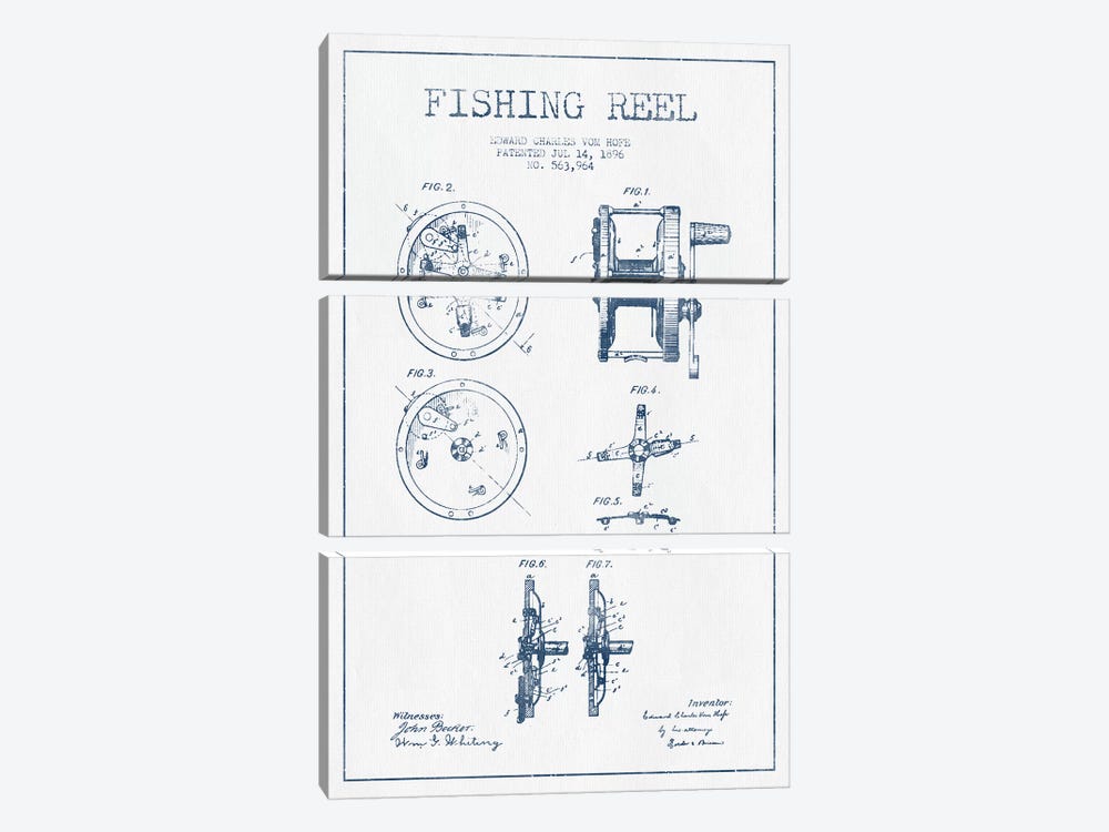 E.C. Vom Hofe Fishing Reel Patent Sketch (Ink) by Aged Pixel 3-piece Canvas Art Print