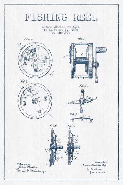 Sports Blueprints: E.C. Vom Hofe Fishing Reel Patent Sketch (Ink) by Aged Pixel