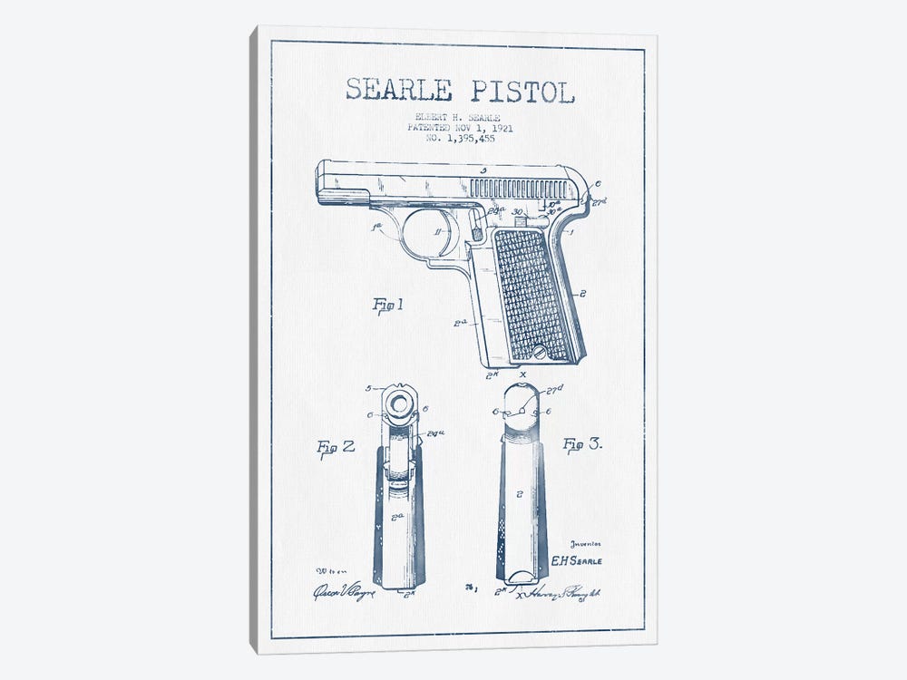 E.H. Searle Searle Pistol Patent Sketch (Ink) by Aged Pixel 1-piece Canvas Wall Art