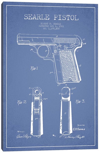E.H. Searle Searle Pistol Patent Sketch (Light Blue) Canvas Art Print - Weapons & Artillery Art