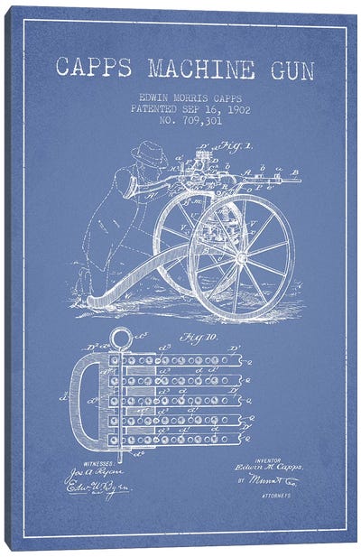 E.M. Capps Machine Gun Patent Sketch (Light Blue) I Canvas Art Print - Weapon Blueprints